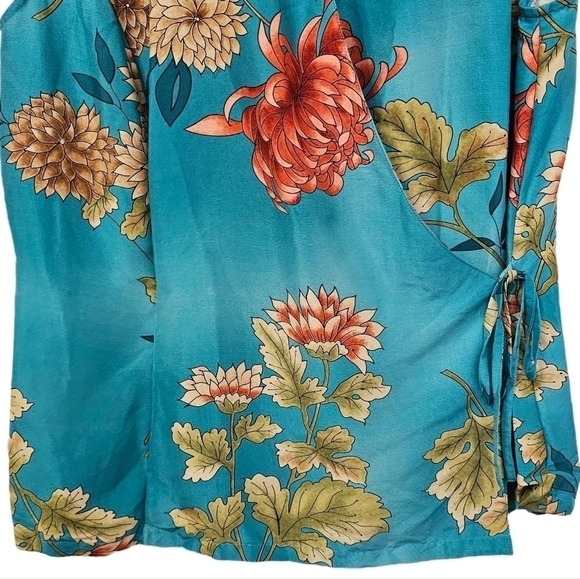 Silk floral teal wrap sleeveless collard top size small - Picture 4 of 11